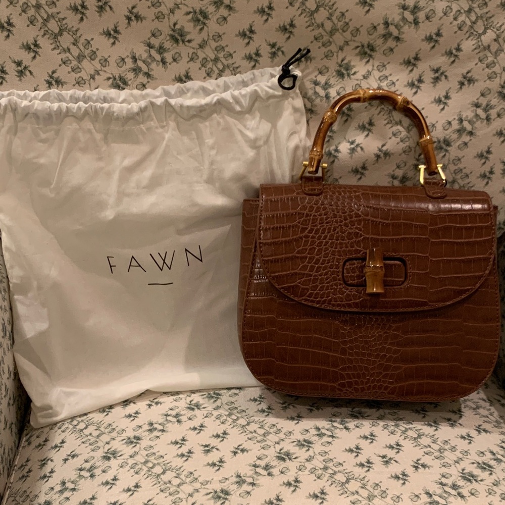 Fawn Design Brown Crocodile-Embossed Bamboo Top Handle Bag